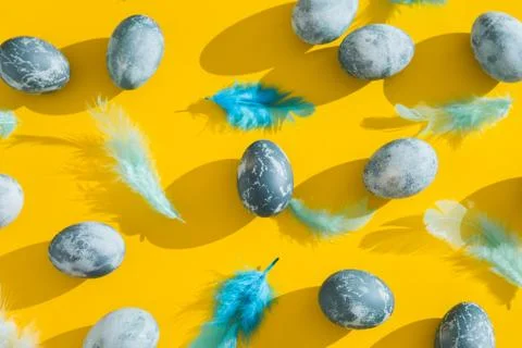 Blue textured colored Easter eggs and chicken bird feathers on a bright yellow Stock Photos