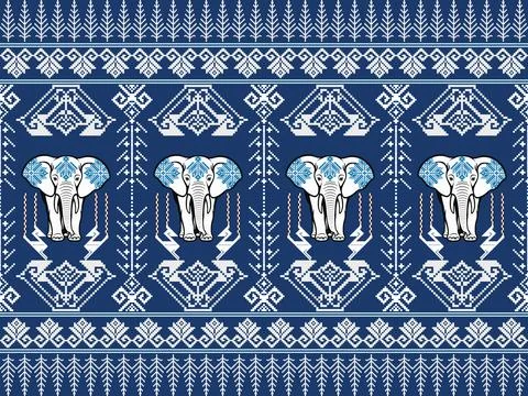 Blue Thai Elephant Pants Pattern in Pixel Art Style, Traditional Thai Textil Illustrazione stock