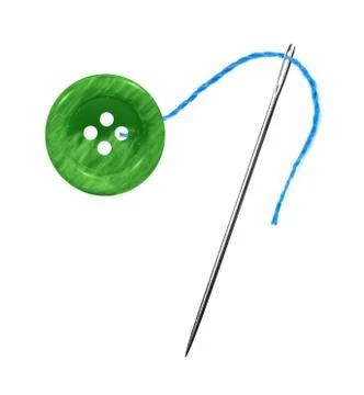 Blue thread, needle and button isolated on white Stock Photos