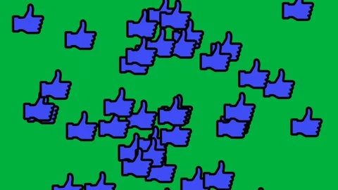 Blue thumbs up icons floating upward on a green screen background Stock Footage 346009979