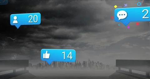 Blue thumbs up notification bubble hovering above concrete platforms, with rain Stock Photos