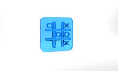 Blue Tic tac toe game icon isolated on grey background. Glass square button. 3d Stock Illustration
