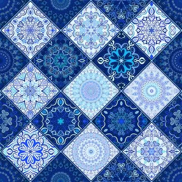 Blue Tile Background Mandala Pattern Stock Illustration