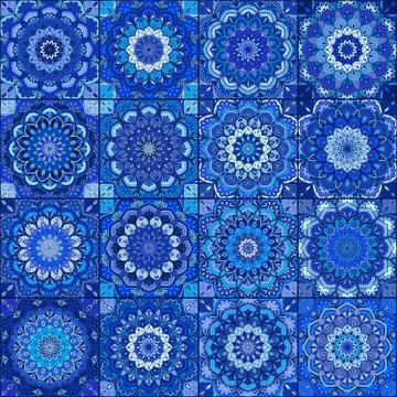 Blue Tile Boho Flower Set Stock Illustration