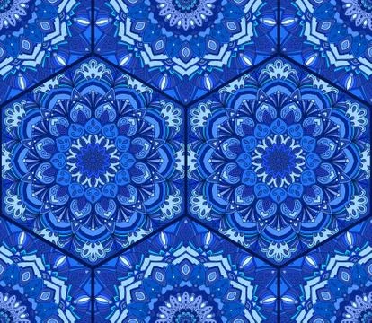 Blue Tile Hex Pattern Flower Mandala Illustrazione stock