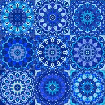 Blue Tile Pattern Boho Background Stock Illustration