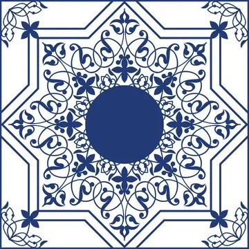 Blue tile pattern texture in Oriental style. Seamless pattern with floral orname 스톡 일러스트