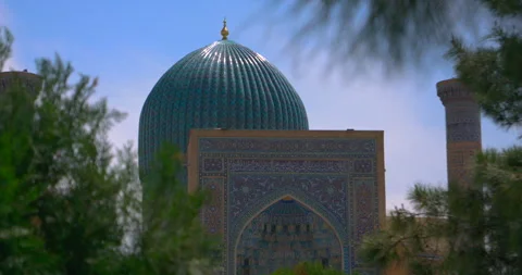Blue tiled dome and ornate Islamic facade framed by soft foreground branches Stock Footage 329764786