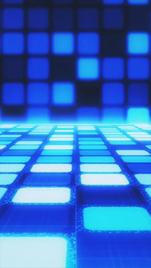 Blue tiles and glowing cubes illuminate the dark background Stock Footage 320472416