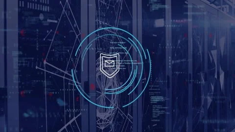 Blue tint fading over server racks, HUD emerging, cyan rings rotating, settling Stock Footage 332577608