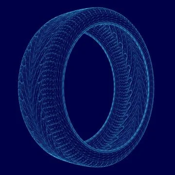 Blue tire wireframe. The tire is shown in a 3D, giving it a futuristic and Stock Illustration
