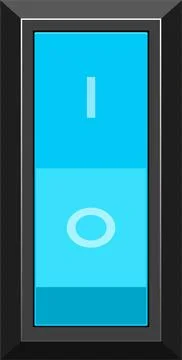 Blue toggle switch in the off position, with an 'O' symbol and gray frame. .. Stock Illustration