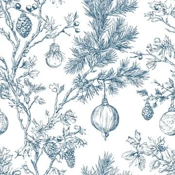 Blue Toile Christmas Seamless Pattern 16 with Evergreen Branches, Pinecones and Stock Illustration