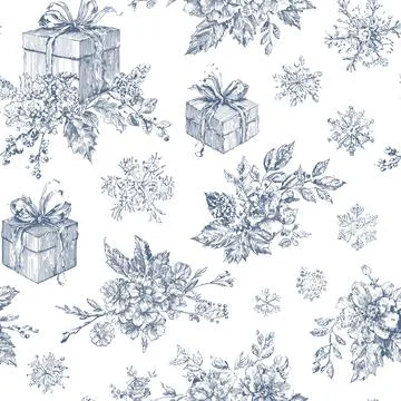 Blue Toile Christmas Seamless Pattern 17 with Gift Boxes, Holly Branches Stock Illustration