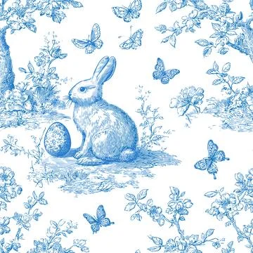 Blue Toile de Jouy Easter Bunny Seamless Pattern with Butterflies and Vinta.. Stock Illustration