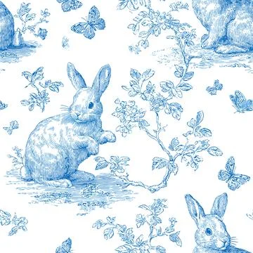Blue Toile de Jouy Easter Bunny Seamless Pattern 2 with Butterflies and Vin.. 스톡 일러스트