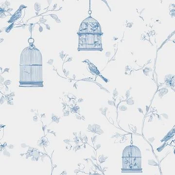 Blue Toile Seamless Pattern 2 with Birds and Cages, Vintage Floral Vector Stock Illustration