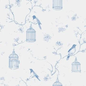 Blue Toile Seamless Pattern with Birds and Cages, Vintage Floral Vector Stock Illustration