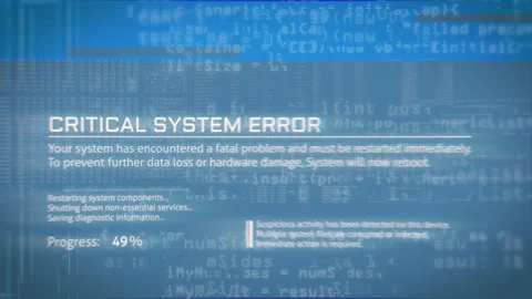 Blue toned critical system error interface with reboot progress and diagnostic Stock Footage 328698888