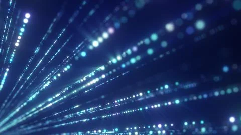 Blue-toned glowing data streams flow diagonally across the frame, giving a .. Illustrazione stock