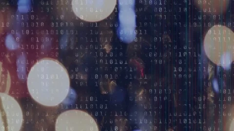 As blue tones intensifying, binary columns scrolling and flickering over bokeh, Stock Footage 333975844