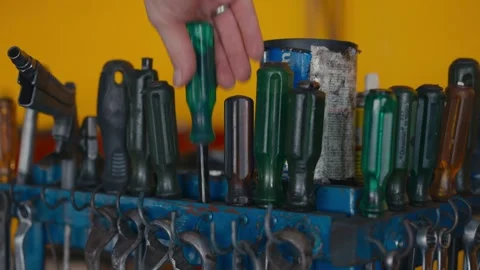 Blue tool holder with screwdriver and plier assortment workshop repair stat.. Stock Footage 332786886