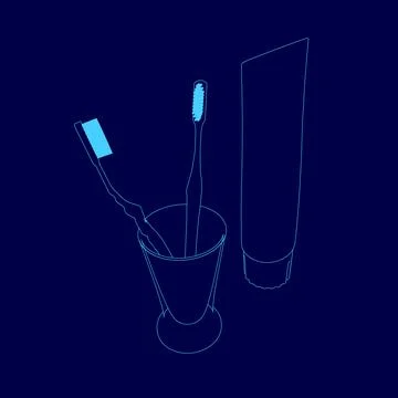 Blue toothbrush, toothpaste and a cup are shown in a close up. The image is of a Stock Illustration