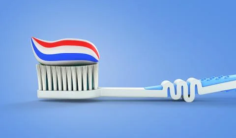 Blue toothbrush with toothpaste close up 3d render on a blue background Stock Illustration