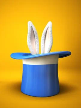 Blue top hat with rabbit ears  isolated on yellow background Stock Illustration