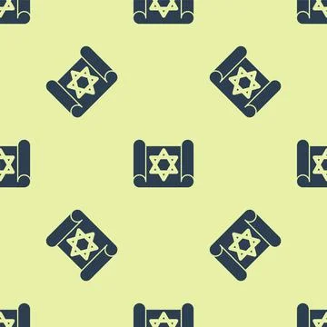 Blue Torah scroll icon isolated seamless pattern on yellow background. Jewish Stock Illustration
