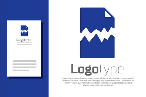 Blue Torn document icon isolated on white background. Logo design template Illustrazione stock