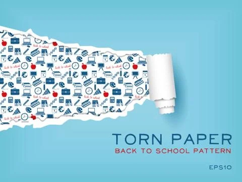 Blue torn paper with school pattern Stock Illustration