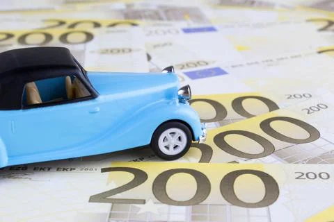 Blue Toy Car on  200 Euro Money Stock Photos