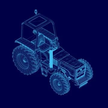 Blue tractor with a cab. The tractor is shown in a 3D. Isometric view Stock Illustration