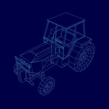 Blue tractor is displayed on a blue background. The tractor is a 3D model and is Illustration