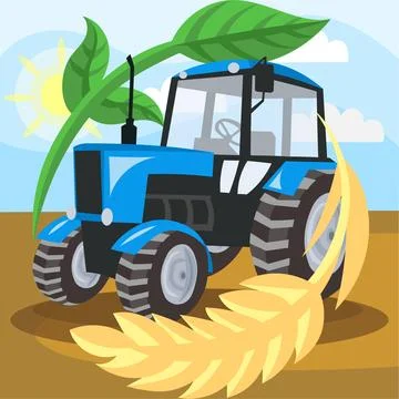 Blue tractor during work at field inside circle of wheat and green plant Stock Illustration