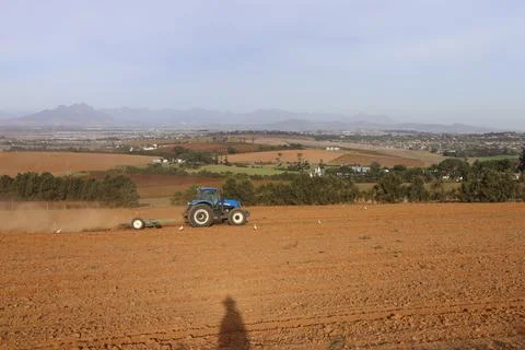 Blue Tractor on fields with shadow of farmer Stock Photos