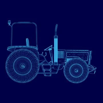 Blue tractor with a handlebar and a cab. The tractor wireframe Stock Illustration