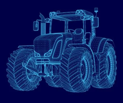 Blue tractor with a large tire on the front. The image is a contour drawing of a Stock Illustration