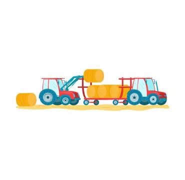 Blue tractor loading hay bales onto trailer field. Farm machinery agriculture Stock Illustration