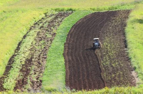 Blue tractor seeding a field on the outskirts of Hanga Roa, Easter Island, Ch Stock Photos