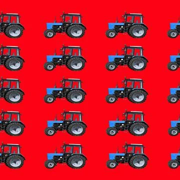 Blue tractors pattern on red background. Stock-Illustration