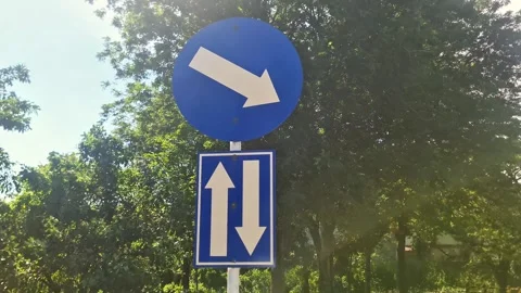 Blue Traffic Sign with Diagonal Arrow and Two Way Traffic Symbol Stock Footage 332646836