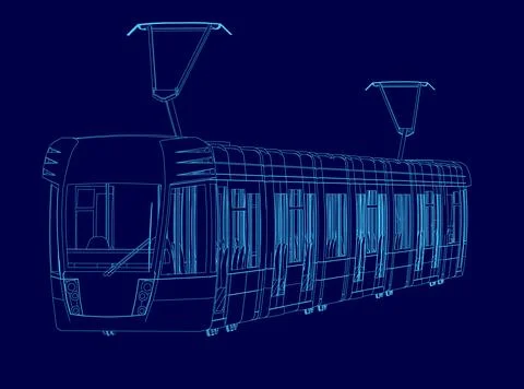 Blue train with a blue background. The train is shown in a 3D drawing. The train Illustrazione stock