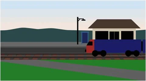 Blue train engine at a rural railway station with locomotive railroad platfor Stock Illustration