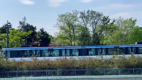 Blue train in green trees - Stock video Stock Footage 240346636