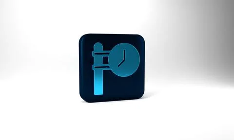 Blue Train station clock icon isolated on grey background. Blue square button Stock Illustration