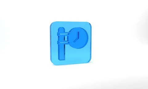 Blue Train station clock icon isolated on grey background. Glass square button Stock Illustration