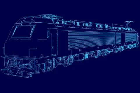 Blue train with a stripe on the side. The train is long and has a lot of windows Illustrazione stock