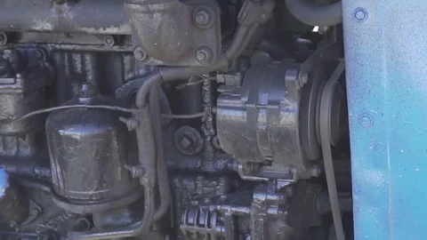 Blue traktor Belarus black engine motor in working Stock Footage 85271973